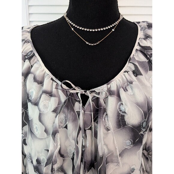 WHBM Silk Blouse Women's S Black White Silver Clip Dot Floral Ruched Romantic - Picture 2 of 13